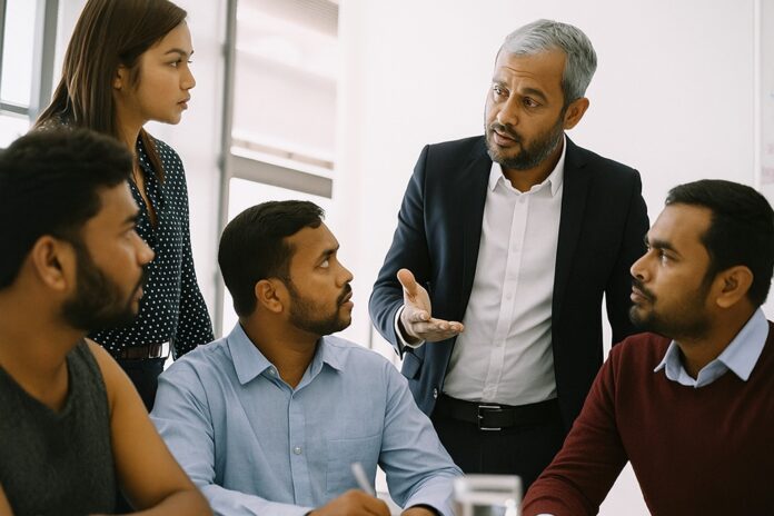 Entrepreneur in a suit leading a serious conversation with team members, illustrating key leadership qualities.