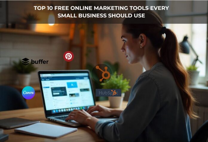 A small business owner using a laptop, surrounded by icons representing free online marketing tools for small business growth.
