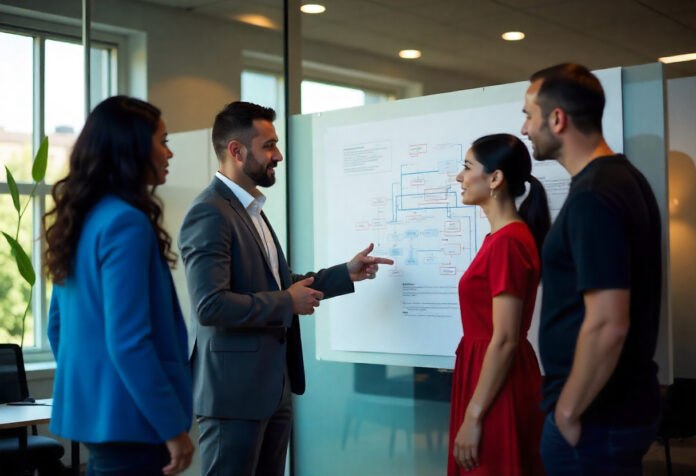 Business team reviewing a checklist and flowchart, showing teamwork and clear processes.