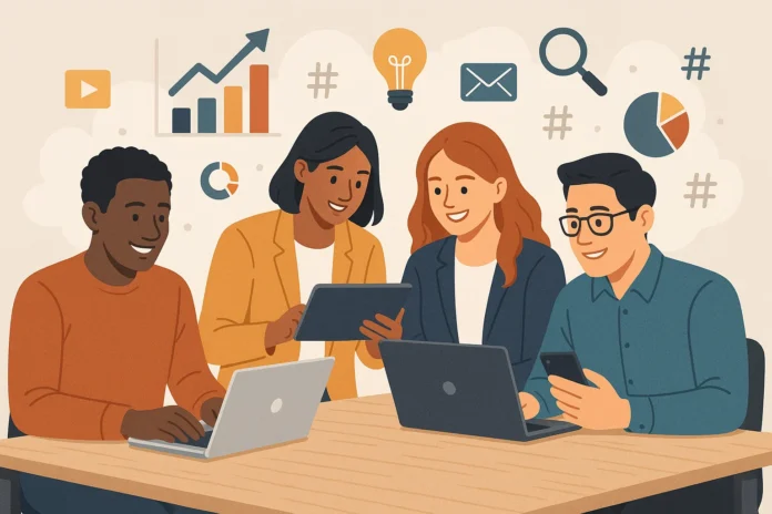 Diverse team collaborating with digital devices, symbolizing teamwork in digital marketing for business success.
