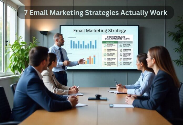 Business professionals watching a presentation on the best email marketing strategy in a modern office meeting room