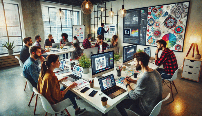 Creative team of designers working in a modern office space
