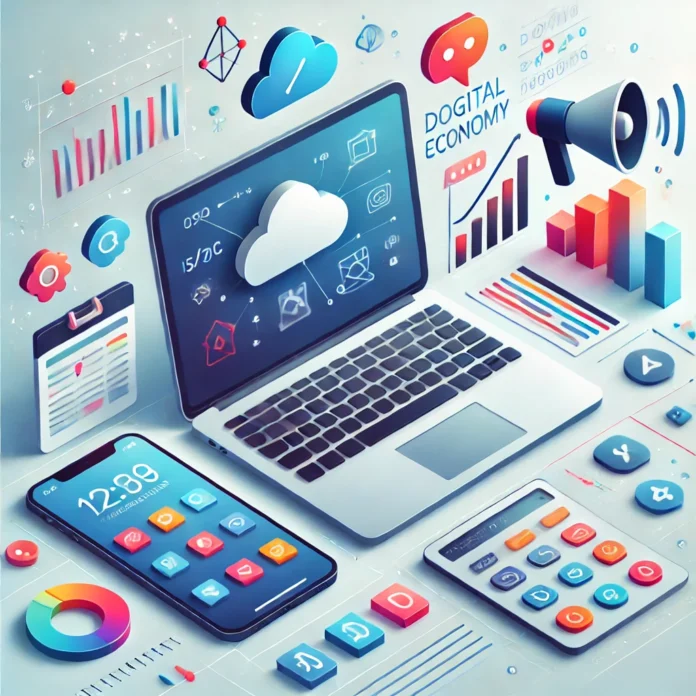 Flat illustration of a laptop and smartphone with icons of cloud, coding, analytics, and digital marketing floating around, symbolizing IT business in the digital economy.
