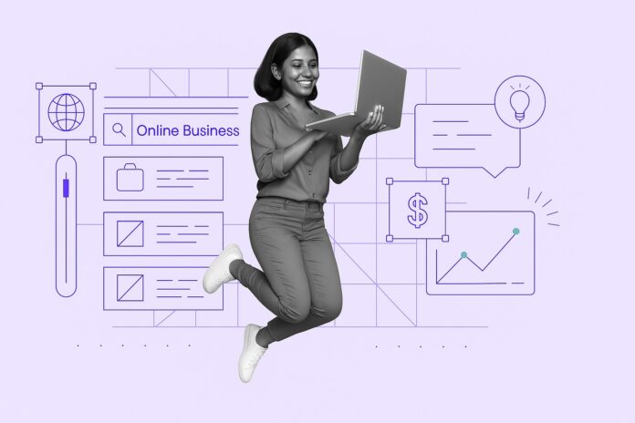 Steps to launch online business. There is a girl holding a laptop & jumping in a online business theme.
