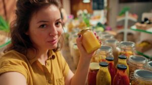 Influencer films vlog around food shop